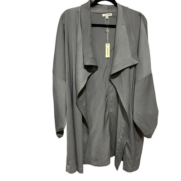 Max Studio Plus Size Twill Draped Long Jacket, Ash Gray Grey - Picture 2 of 7
